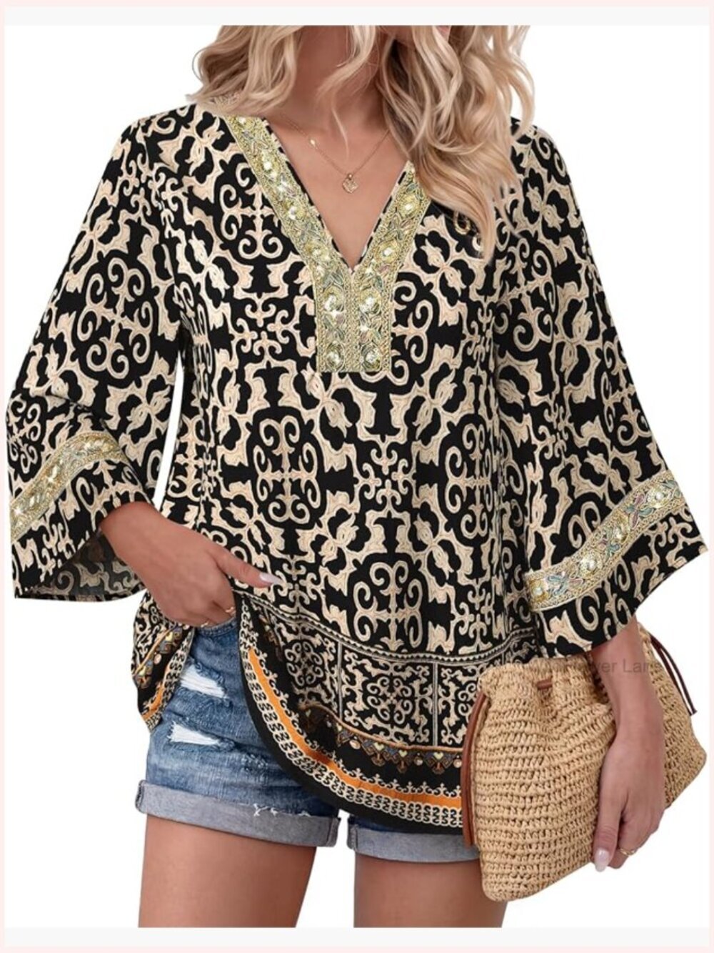 3/4 Bell Sleeve Embroidered V Neck Boho Tunic Top Blouse Women Tops